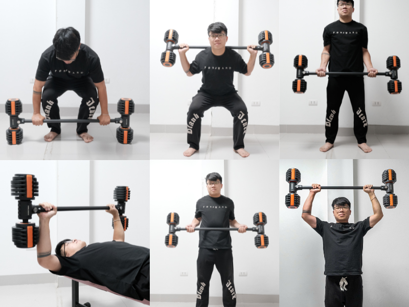 Tạ tay điều chỉnh 12 Kg (2 tay =24kg) 10 Các bài tập đòn tạ tay điều chỉnh
